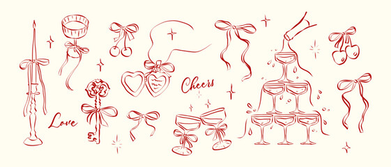 Hand drawn coquette aesthetics elements. Vintage cute symbols with ribbon and bow in simple crayon and sketch style. Trendy art for Valentine day and wedding invitations. Outline vector illustration
