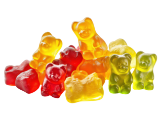 Colorful gummy bears pile on a transparent background, a sweet and chewy candy treat for kids and adults, concept of childhood, sweets and unhealthy eating