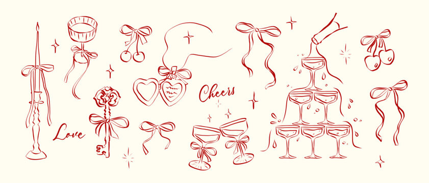 Hand drawn coquette aesthetics elements. Vintage cute symbols with ribbon and bow in simple crayon and sketch style. Trendy art for Valentine day and wedding invitations. Outline vector illustration