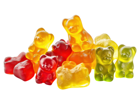 Colorful gummy bears pile on a transparent background, a sweet and chewy candy treat for kids and adults, concept of childhood, sweets and unhealthy eating