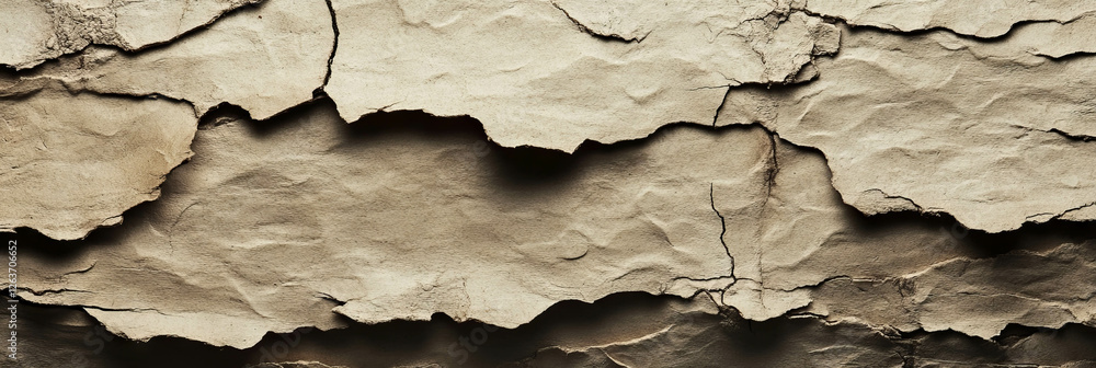 Poster texture of rough beige paper resembling tree bark with deep shadows and natural patterns