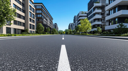 Obraz premium Beautiful Urban Landscape with Clear Road Surrounded by Modern Buildings and Lush Green Trees under a Bright Blue Sky