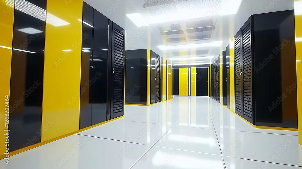 Poster a top-of-the-line data center that includes rows of server racks, top-notch cooling solutions, and b