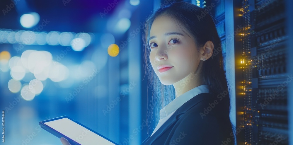 Poster working in the dark of a server room in a network and data center, a black woman support engineer ha