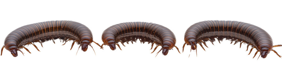 Fototapeta premium Three brown millipedes crawling on a transparent background, closeup macro shot of arthropods, concept of invertebrates and wildlife