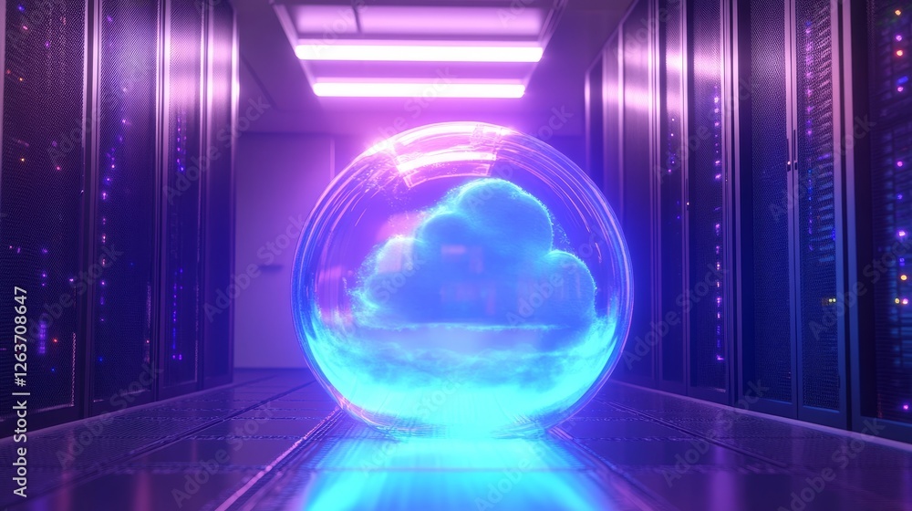 Poster a vision of modern computing in a server room where the ceiling displays cloud graphics, reflecting 