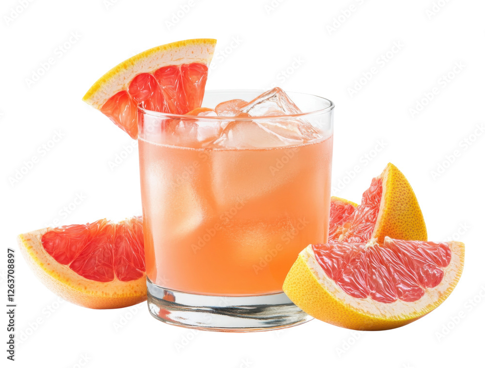 Poster refreshing grapefruit cocktail with ice cubes in a glass, garnished with grapefruit slices on a tran