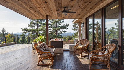 Fototapeta premium Scenic outdoor patio with cozy seating and mountain views, relaxation