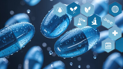 A blue capsule with water droplets floats in the air, surrounded by medical icons representing pharmaceuticals, science, and healthcare. The bokeh background creates a technological