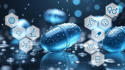 A blue capsule with water droplets floats in the air, surrounded by medical icons representing pharmaceuticals, science, and healthcare. The bokeh background creates a technological