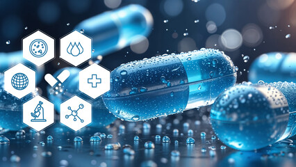 A blue capsule with water droplets floats in the air, surrounded by medical icons representing pharmaceuticals, science, and healthcare. The bokeh background creates a technological