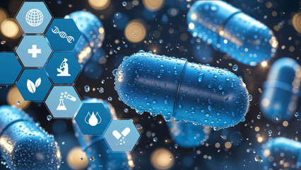 A blue capsule with water droplets floats in the air, surrounded by medical icons representing pharmaceuticals, science, and healthcare. The bokeh background creates a technological