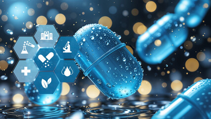 A blue capsule with water droplets floats in the air, surrounded by medical icons representing pharmaceuticals, science, and healthcare. The bokeh background creates a technological