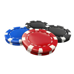 Stack of colorful casino chips in red, blue, and black on a transparent background Concept of gambling, poker, and casino games