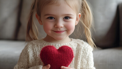 Red heart in child hands, hand made gift, valentine day and family love concept, close up, horizontal