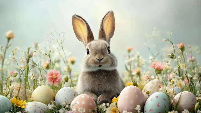 Curious bunny exploring vibrant spring meadow with colorful easter eggs