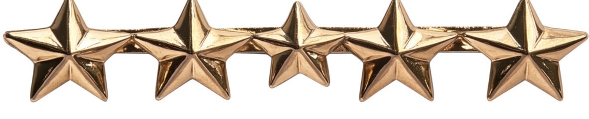 Fototapeta premium Five golden stars rank insignia on a transparent background, representing military general officer, high achievement, and leadership