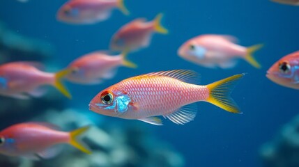 A school of red fish swimming in the tropical blue ocean Scuba diving adventure in the Maldives observing underwater wildlife in the Indian Ocean