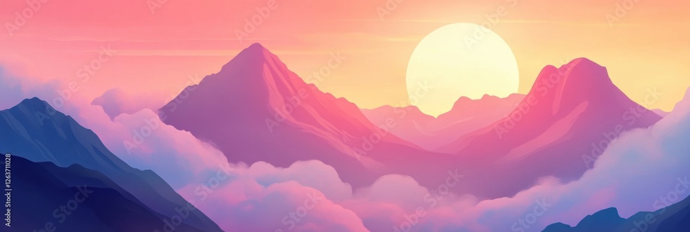 Poster Majestic sunset over tranquil mountains with soft clouds and vibrant colors in the sky at dusk. Generative AI