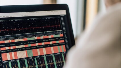 A close view of a personal computer monitor displaying bioinformatics software with colorful graphs and sequences from genetic analyses prominently shown.