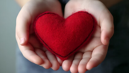 Obraz premium Red heart in child hands, hand made gift, valentine day and family love concept, close up, horizontal