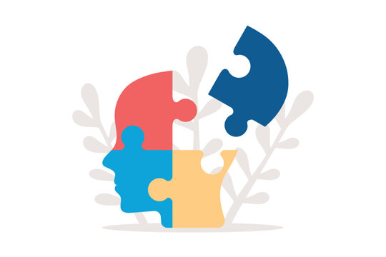 Vector silhouette head puzzle four pieces, steps, parts. Business infographic concept. Info symbol education, knowledge, psychology, memory, logic. Template design puzzles element. on white background