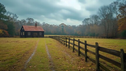 A small house sits in a field with a wooden fence