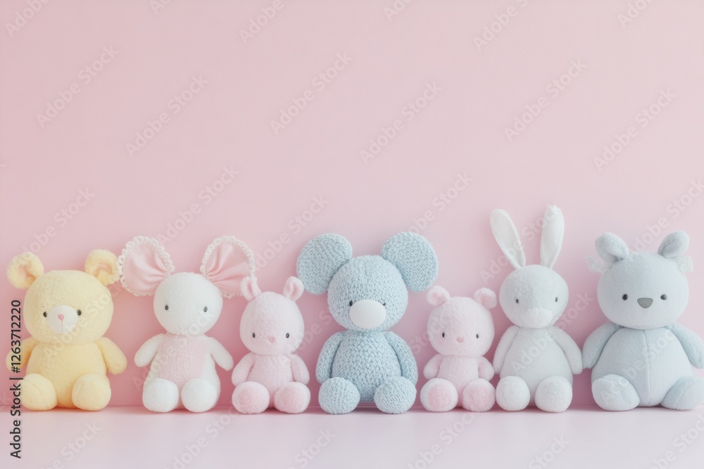 Poster Cute collection of pastel plush toys arranged in a row against a soft pink background. Generative AI