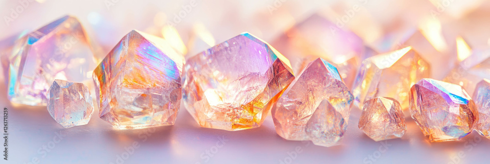 Poster scattered crystal flares create a mesmerizing display of colors and textures across a surface