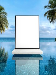 Luxury mockup of a blank canvas floating on an infinity pool with ocean view. banner graphic design 
