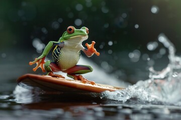 Naklejka premium Jaskrawa, zielona żaba na desce surfingowej zręcznie balansuje na rozbryzgującej się fali, prezentując swój żądny przygód charakter. Nietypowa Żaba Surfująca, Zabawny Surf