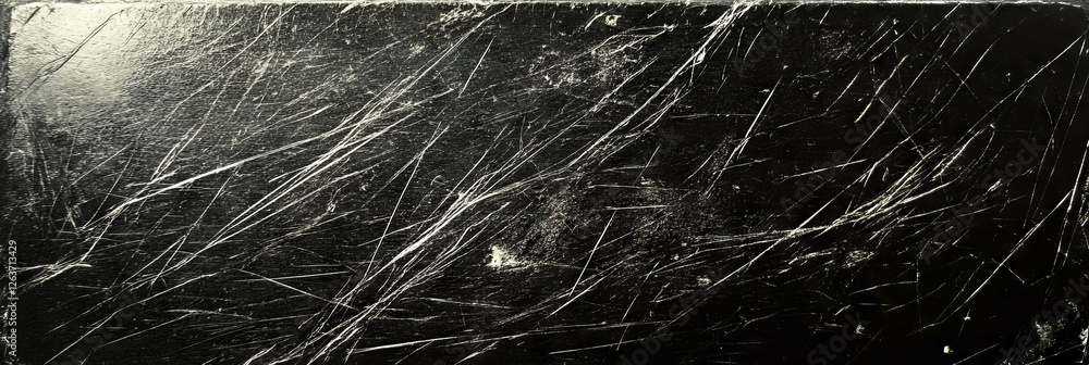 Poster scratched film texture with angular scratches and uneven grain on black background