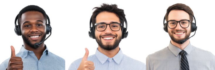 Diverse smiling men wearing headsets giving thumbs up on transparent background Concept of customer service, call center, and online support
