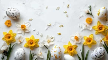 Springtime floral arrangement with daffodils and decorated easter eggs on marble surface