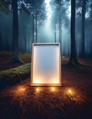 Ethereal mockup of a blank canvas floating in a magical misty forest with glowing fireflies. graphic design resources