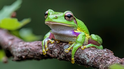 Obraz premium Close-up of vibrant green tree frog on branch, forest background, showcasing nature's detail, ideal for educational or nature-themed media