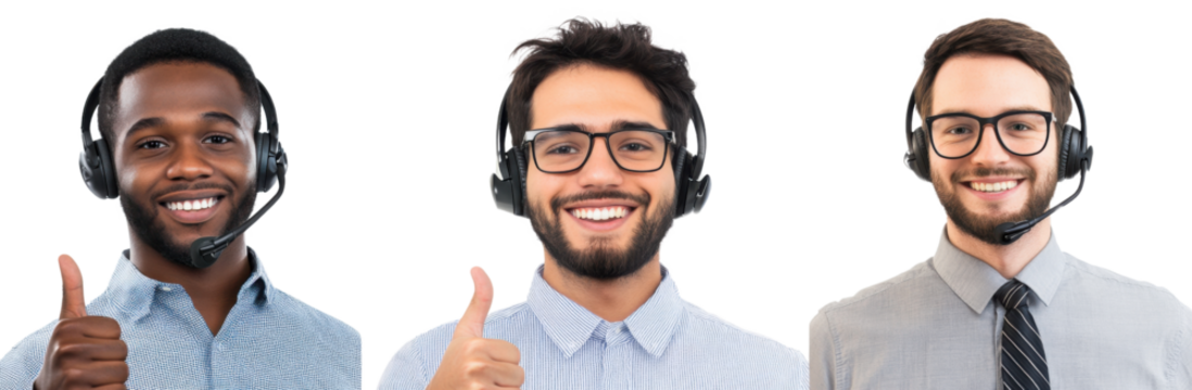 Diverse smiling men wearing headsets giving thumbs up on transparent background Concept of customer service, call center, and online support - Powered by Adobe
