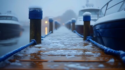 Fototapeta premium A pier with a boat in the water and a blue rope on the pier