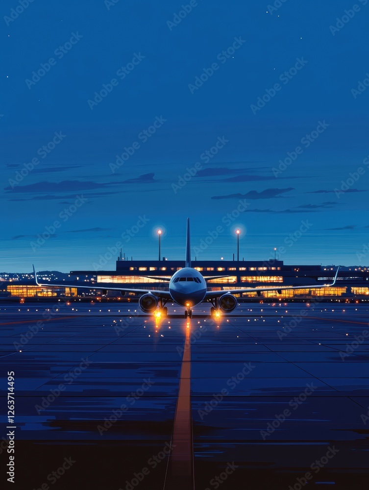 Aufkleber Evening flight on the runway with bright lights at the airport preparing for takeoff. Generative AI