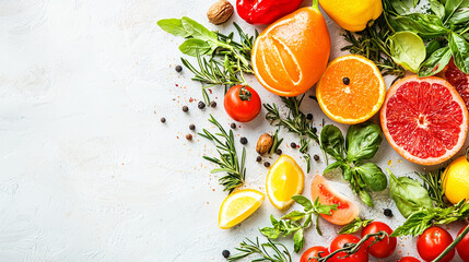 A vibrant display of fresh fruits and herbs on a light background.
