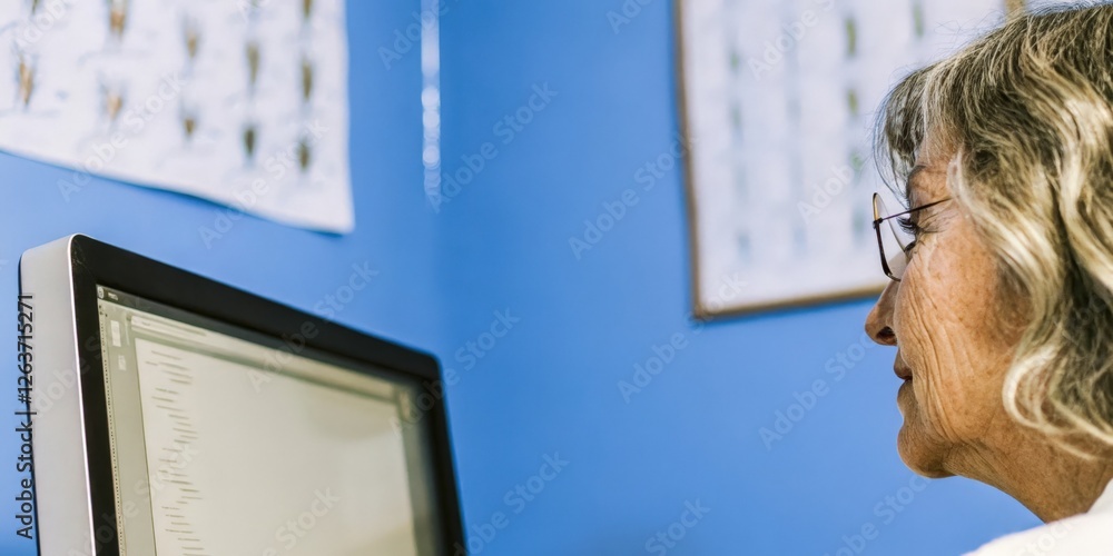 Poster a closeup of a senior womans face illuminated by a computer screen displaying a mixture of concentra