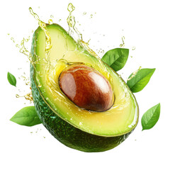 Fresh avocado half with seed and splashing oil on a transparent background Concept of healthy eating, vegetarian food, and natural cosmetics