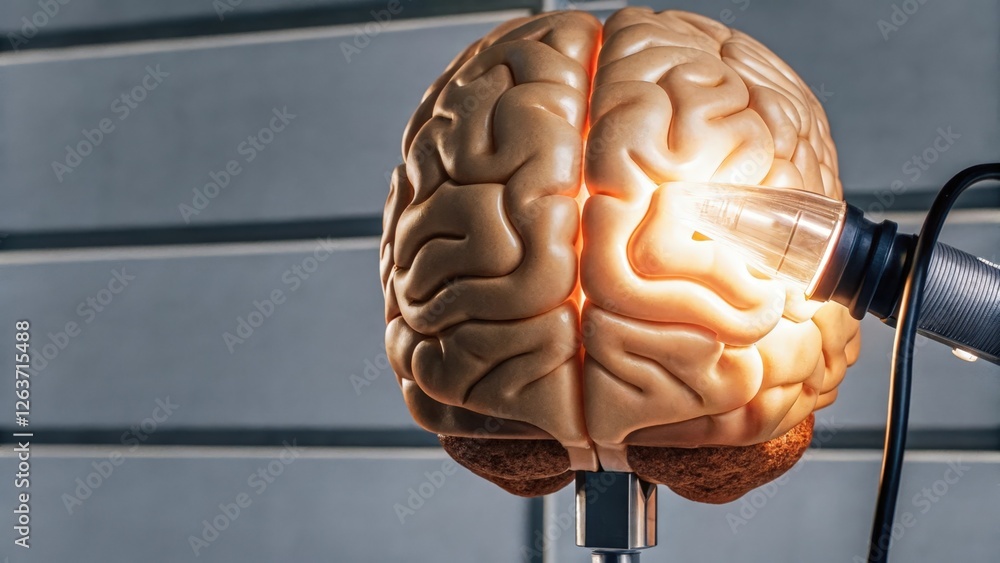 Poster a human brain illuminated in soft colors with sectors brightly lit where the robotic implant engages