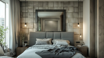 A chic minimalist apartment with a king-size bed featuring a gray square headboard, a large rustic wooden mirror, and a beautifully textured wall