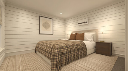A contemporary bedroom interior with white and wooden walls, a carpeted floor, a comfortable king-size bed dressed in a brown plaid blanket