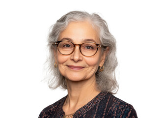Portrait of a smiling senior white woman with glasses on a transparent background, showcasing wisdom and experience