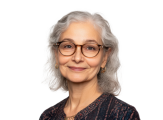 Portrait of a smiling senior white woman with glasses on a transparent background, showcasing wisdom and experience