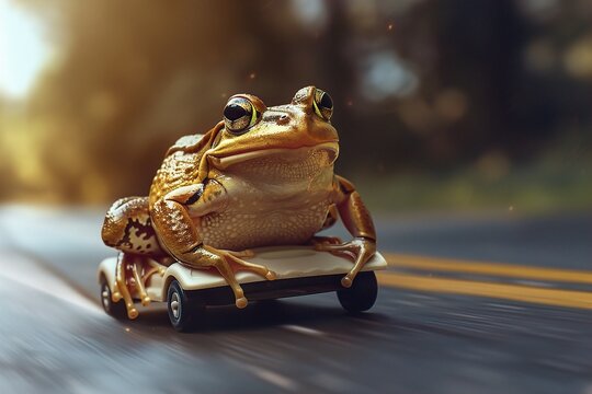 Frog on Toy Car, A whimsical scene showcasing a large brown frog confidently riding a tiny toy car on a vibrant road. Toy Car Adventure