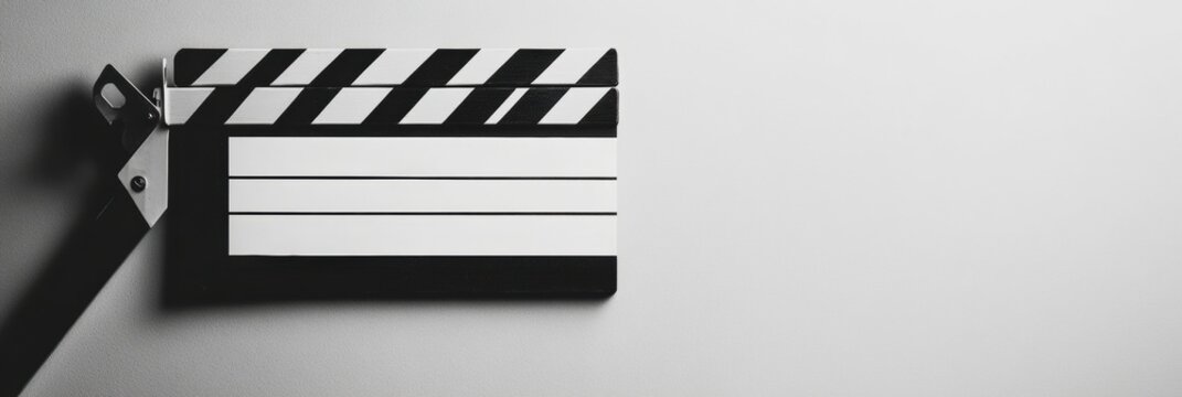 Classic film clapperboard lying on a neutral background ready for a movie production in a studio setting. Generative AI
