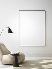 Minimalist mockup of a blank canvas floating in a white empty space, suspended by invisible threads